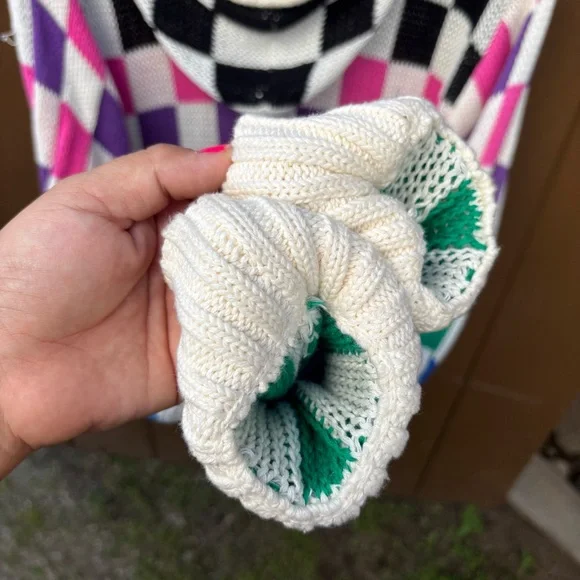 Teddy Fresh Full Zip Knit Hoodie Womens XS/S Checkered Multicolor Oversized - Picture 4 of 15